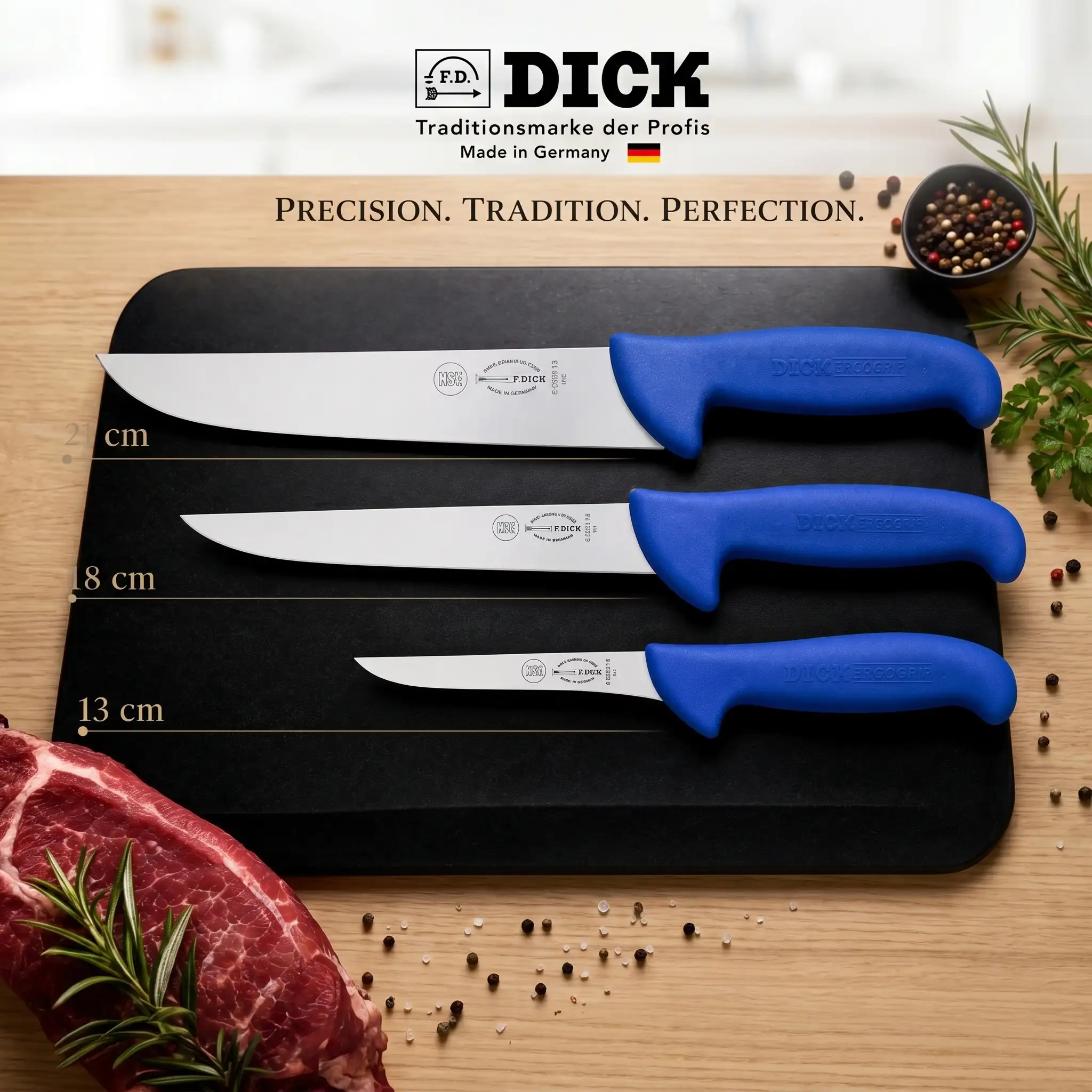 Serie de Couteaux 3Pcs (21-18-13cm) (Bleu) ErgoGrip F.DICK Germany