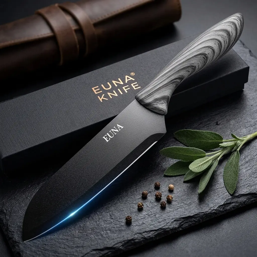 Couteau de chef Noir ultra tranchant de 18 cm, avec étui et boîte cadeau, couteau Santoku (DORRE)