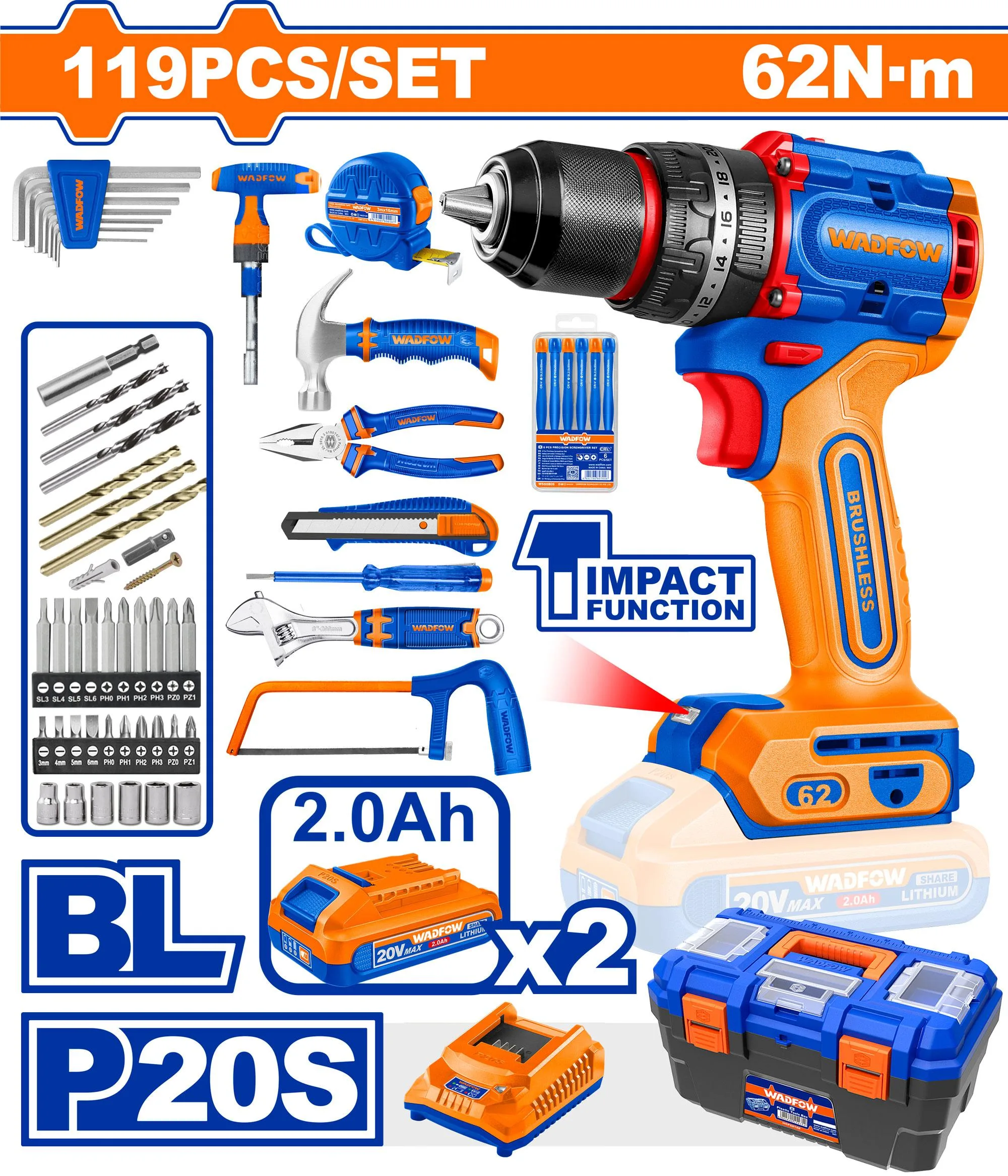 Caisse a Outils 119Pcs Visseuse 20v 2Batterie 2.0AH WADFOW | WDT4B119  TAG