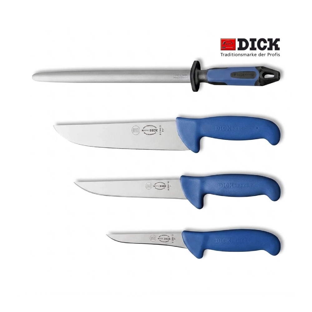 Serie de Couteaux+ Fusil 4Pcs (21-18-13cm) Bleu ErgoGrip F.DICK Germany